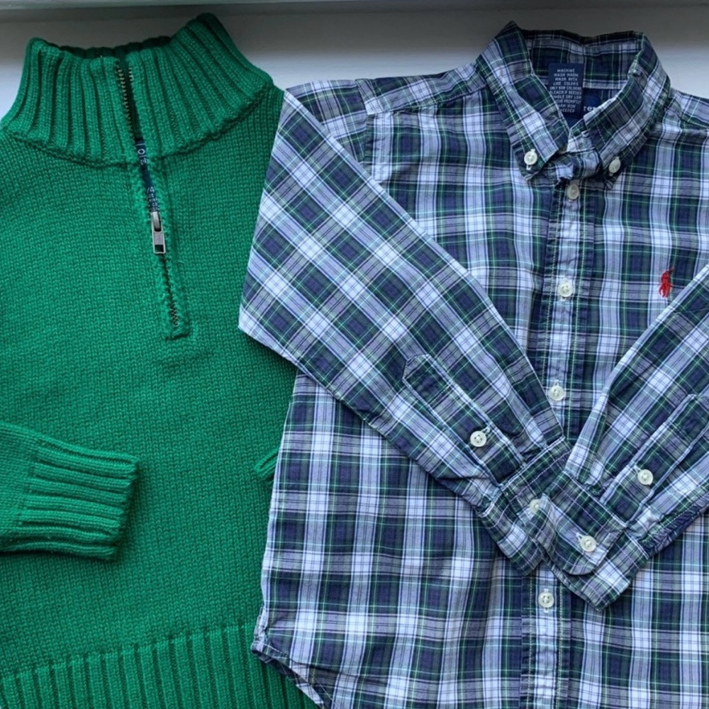 Ralph Lauren Green Sweater & Plaid Shirt